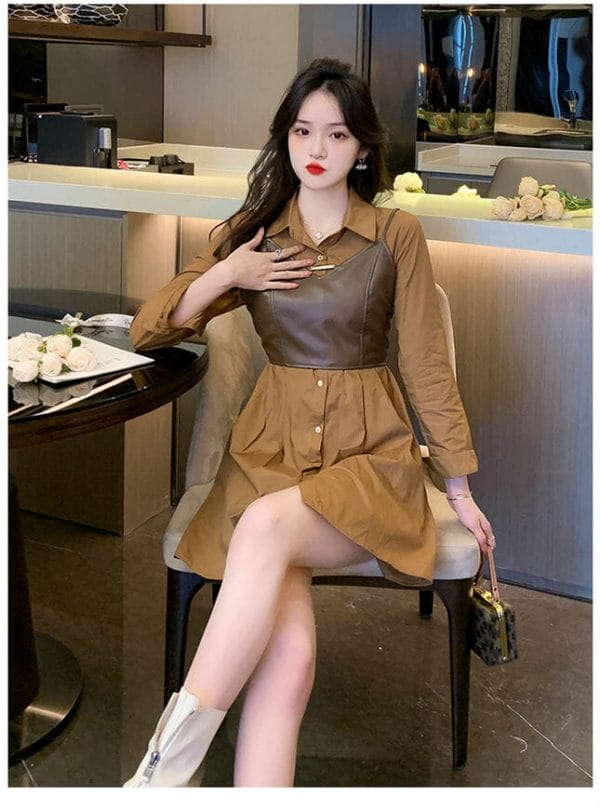 2 Colors Leather Camisole Single-breasted Shirt Dress 3