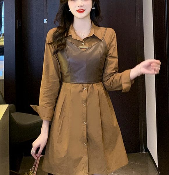 2 Colors Leather Camisole Single-breasted Shirt Dress 6