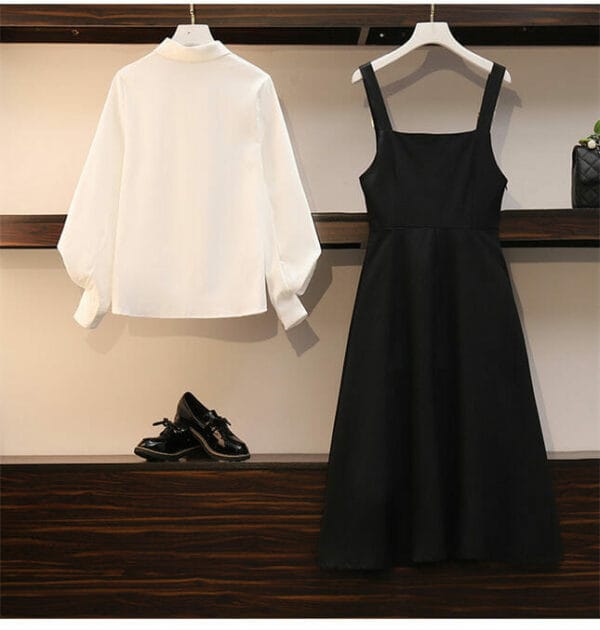 2 Colors Puff Sleeve Blouse with Buckle Straps Dress 5