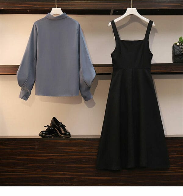 2 Colors Puff Sleeve Blouse with Buckle Straps Dress 3