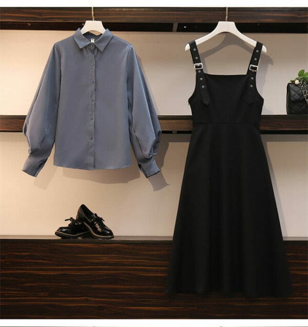 2 Colors Puff Sleeve Blouse with Buckle Straps Dress 2