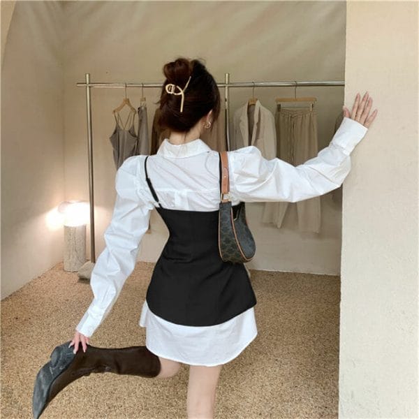 2 Colors Puff Sleeve Blouse with Single-breasted Straps Dress 6