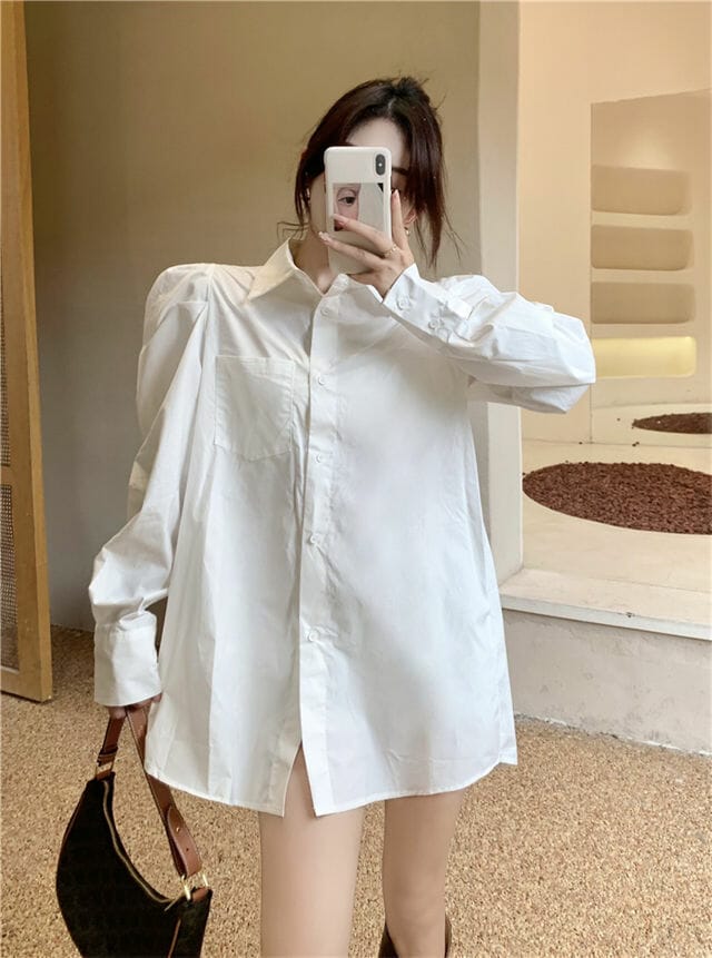 2 Colors Puff Sleeve Blouse With Single-breasted Straps Dress ...