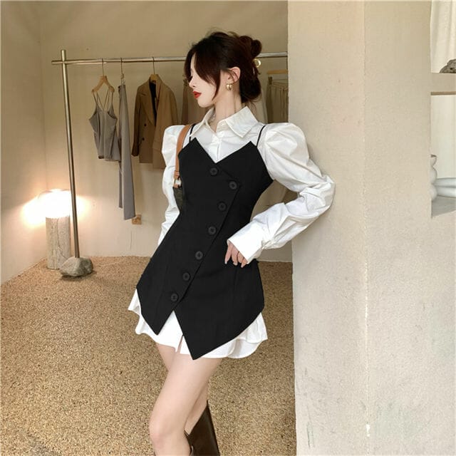 2 Colors Puff Sleeve Blouse With Single-breasted Straps Dress ...