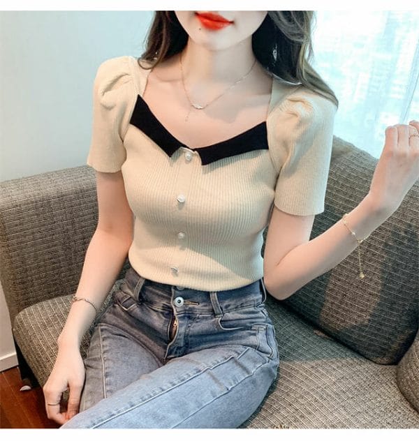 2 Colors Square Collar Short Sleeve Knitting Tees 6