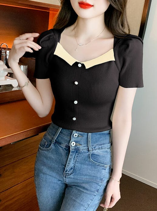 2 Colors Square Collar Short Sleeve Knitting Tees 1