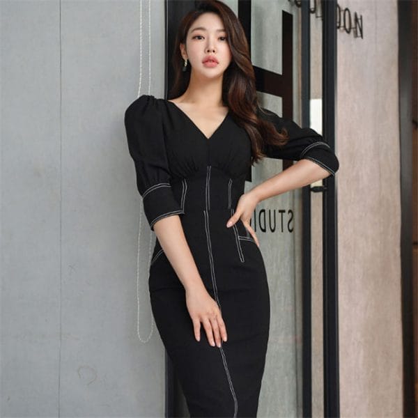 2 Colors V-neck Fitted Waist Puff Sleeve Dress Set 5