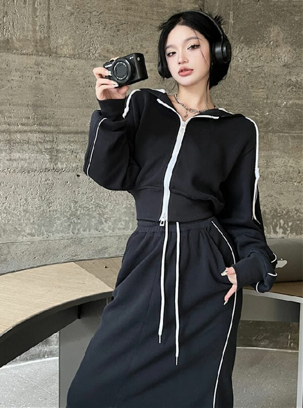 2 Colors Zipper Open Hoodies with Long Skirts 5