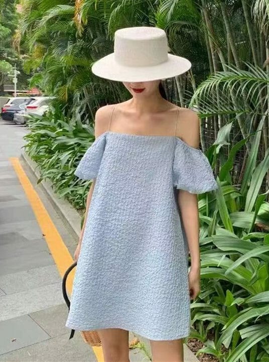 3 Colors Boat Neck Puff Sleeve A-line Dress 2