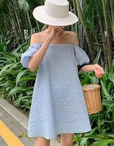 3 Colors Boat Neck Puff Sleeve A-line Dress 2