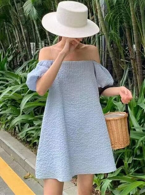 3 Colors Boat Neck Puff Sleeve A-line Dress 1