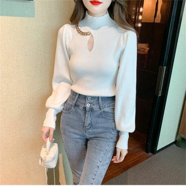 4 Colors Chain Stand Collar Puff Sleeve Knit T-shirt 6