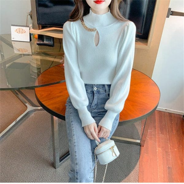 4 Colors Chain Stand Collar Puff Sleeve Knit T-shirt 5