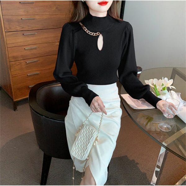 4 Colors Chain Stand Collar Puff Sleeve Knit T-shirt 4