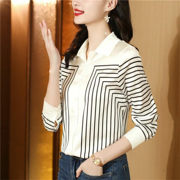 All Match Fashion Stripes Shirt Collar Long Sleeve Blouse 4