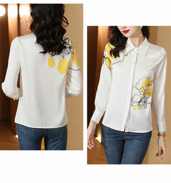 Autumn Fashion Flowers Printings Shirt Collar Silk Blouse 5