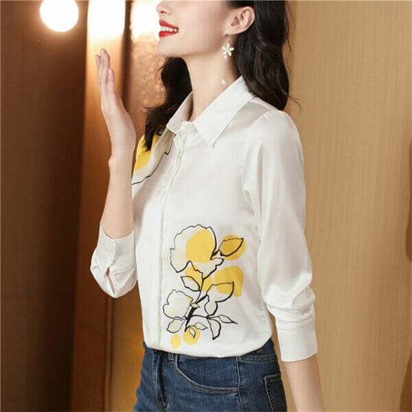 Autumn Fashion Flowers Printings Shirt Collar Silk Blouse 4