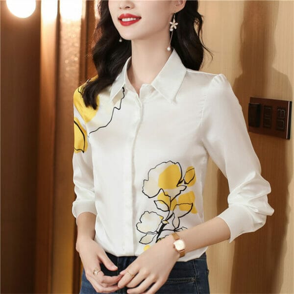 Autumn Fashion Flowers Printings Shirt Collar Silk Blouse 3