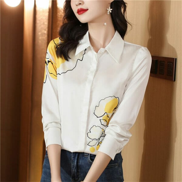 Autumn Fashion Flowers Printings Shirt Collar Silk Blouse 2