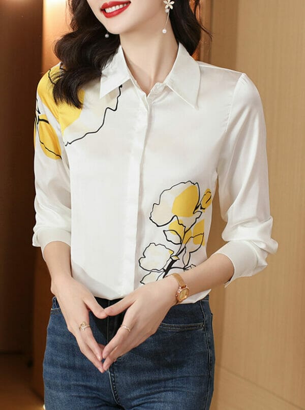 Autumn Fashion Flowers Printings Shirt Collar Silk Blouse 1