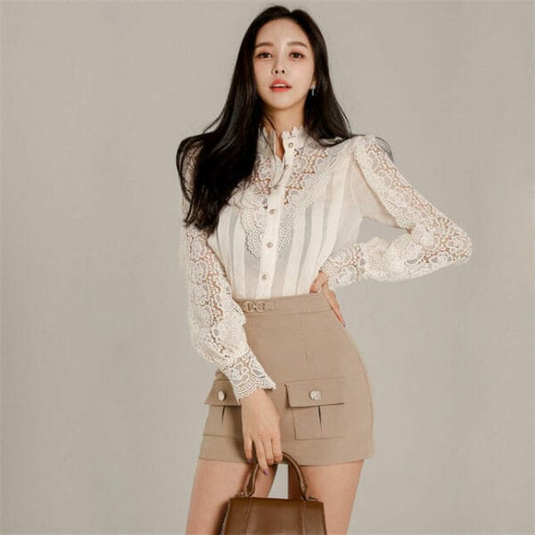 Autumn Fashion Lace Flowers Blouse with Skinny Short Skirt 5
