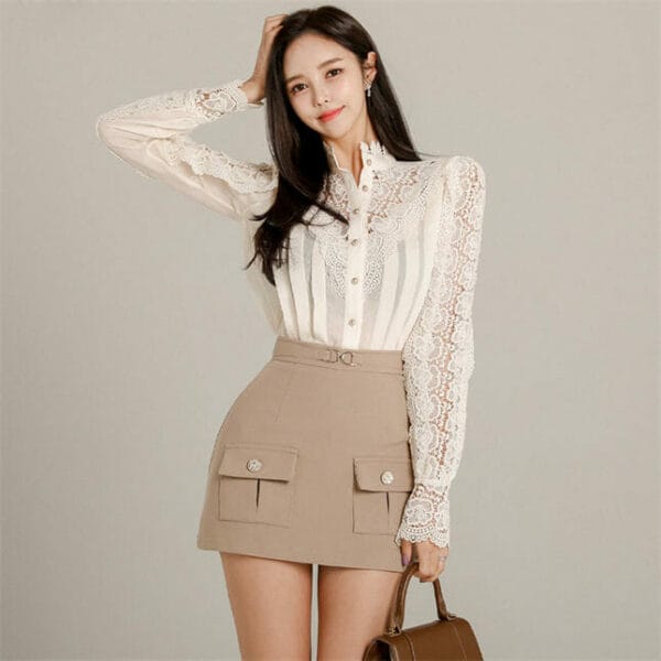 Autumn Fashion Lace Flowers Blouse with Skinny Short Skirt 4