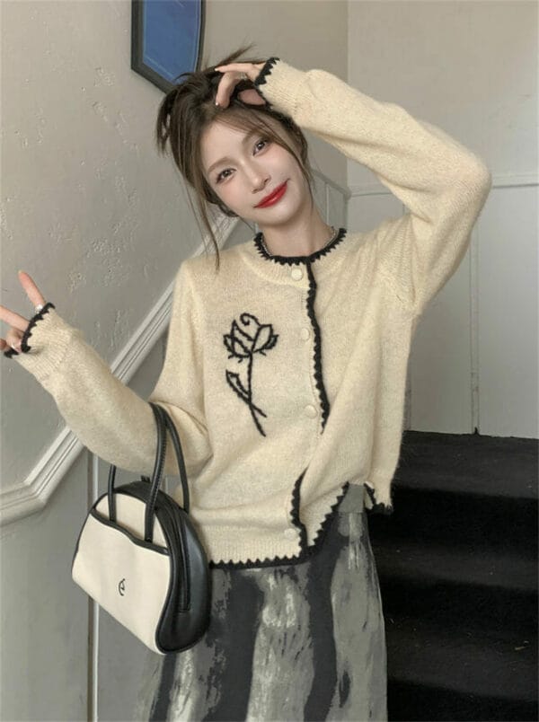 Autumn Flower Knitting Tops with Ink Long Skirt 3