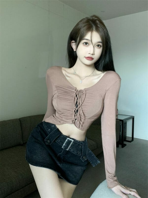 Autumn New 2 Colors Draw-string V-neck Slim Cotton Tees 4