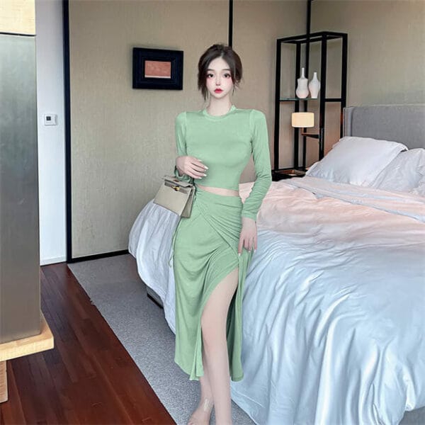 Autumn New 2 Colors Knit Tops with Tie Waist Split Skirt 4