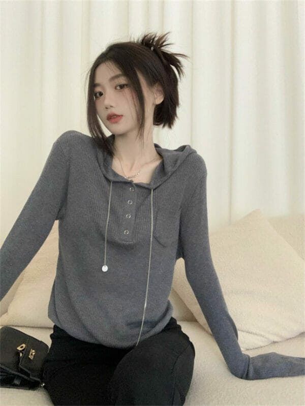 Autumn New 2 Colors Press Buttons Hooded Knitting T-shirt 3