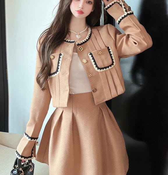 Autumn New 2 Colors Single-breasted Jacket with A-line Skirt 11