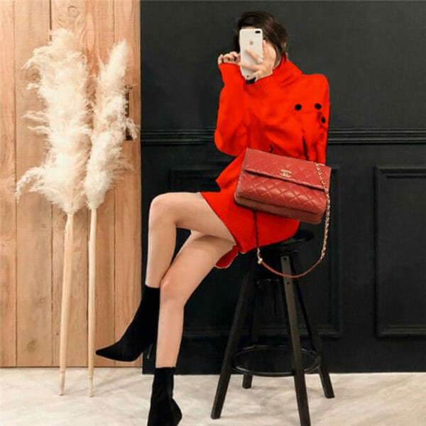 Autumn New 2 Colors Stand Collar Knitting Two Pieces Dress 3