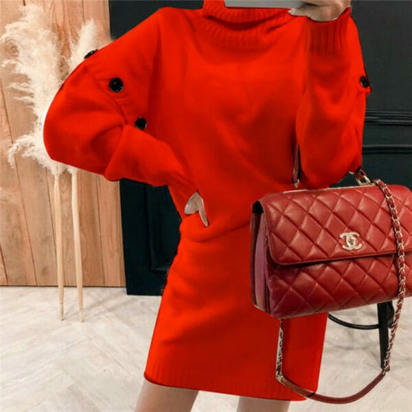 Autumn New 2 Colors Stand Collar Knitting Two Pieces Dress 2