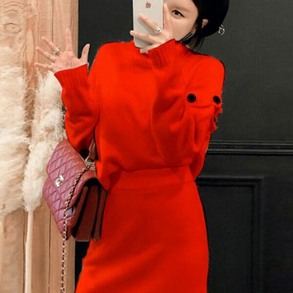 Autumn New 2 Colors Stand Collar Knitting Two Pieces Dress 12