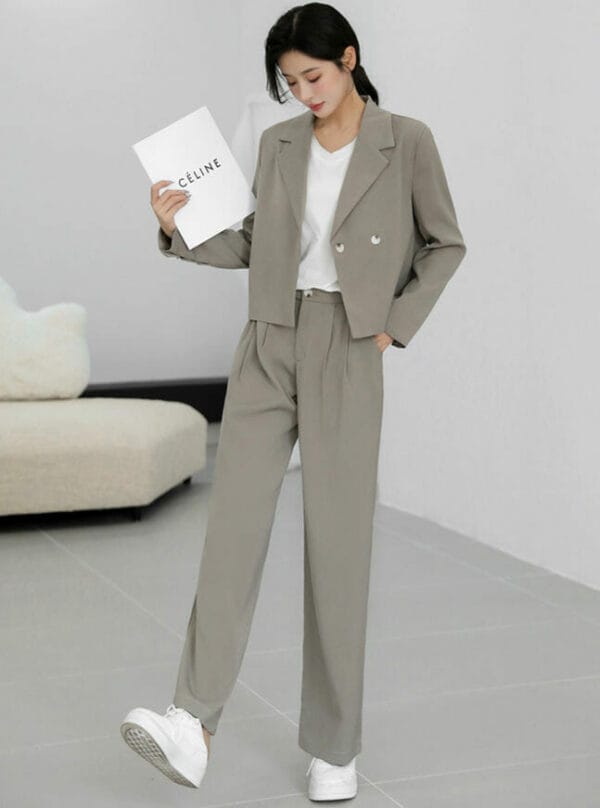 Autumn New 2 Colors Tailored Collar Jacket with Wide-leg Pants 5