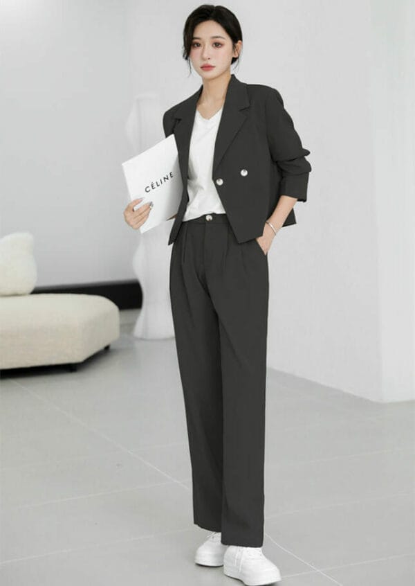 Autumn New 2 Colors Tailored Collar Jacket with Wide-leg Pants 3