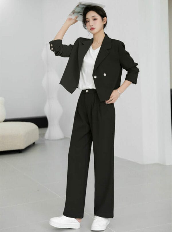 Autumn New 2 Colors Tailored Collar Jacket with Wide-leg Pants 2