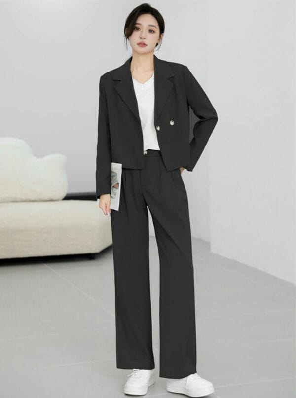 Autumn New 2 Colors Tailored Collar Jacket with Wide-leg Pants 1