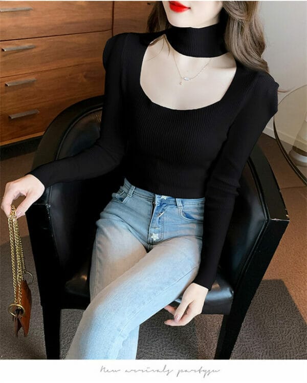 Autumn New 3 Colors Halter Square Collar Puff Sleeve T-shirt 5