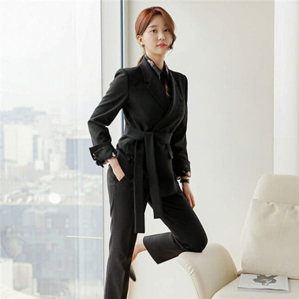 Autumn New 3 Colors Tailored Collar Tie Waist Long Suits 5