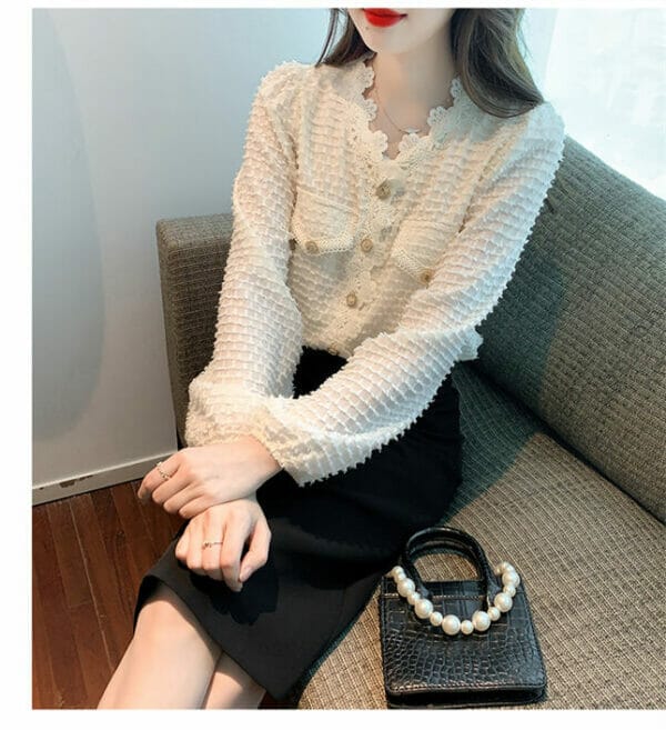 Autumn New Arrive Buttons V-neck Lace Puff Sleeve Blouse 5
