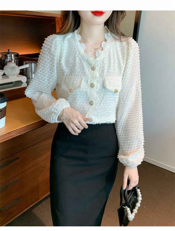 Autumn New Arrive Buttons V-neck Lace Puff Sleeve Blouse 2
