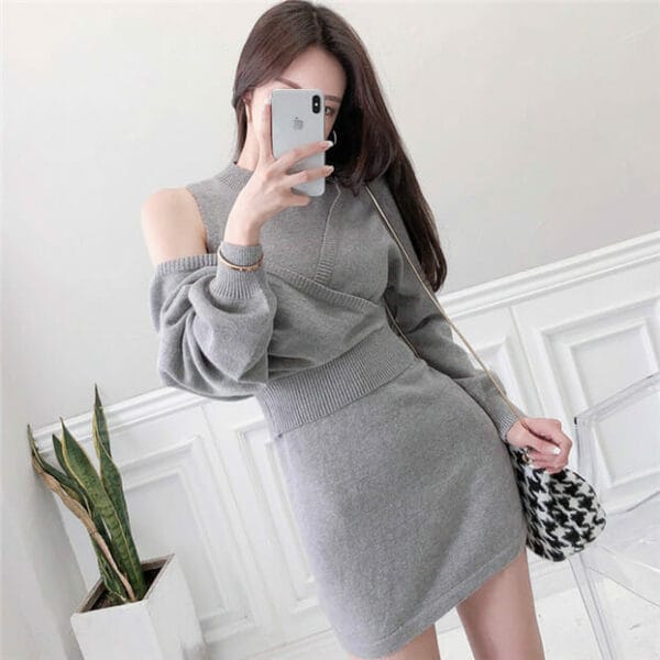 Autumn New Batwing V-neck Tops with Slim Knit Tank Dress 3