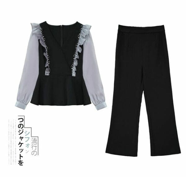 Autumn New Beads Flouncing V-neck Blouse with Long Pants 5