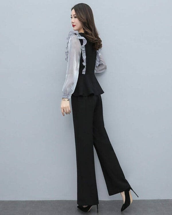 Autumn New Beads Flouncing V-neck Blouse with Long Pants 4