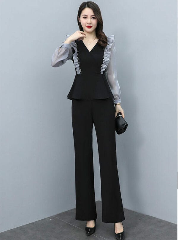 Autumn New Beads Flouncing V-neck Blouse with Long Pants 1