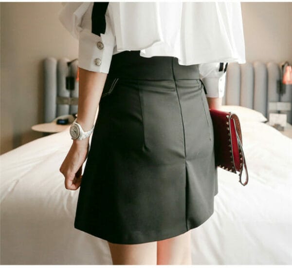 Autumn New Beads Tie Pleated Blouse with Short Skirt 7