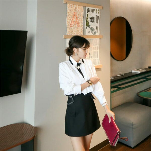 Autumn New Beads Tie Pleated Blouse with Short Skirt 4