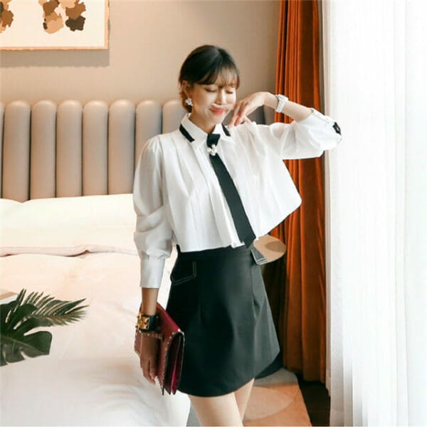 Autumn New Beads Tie Pleated Blouse with Short Skirt 2