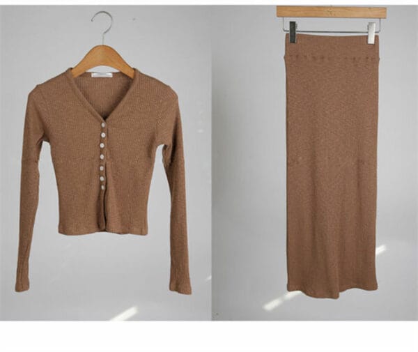 Autumn New Buttons V-neck High Waist Knitting Dress Set 5